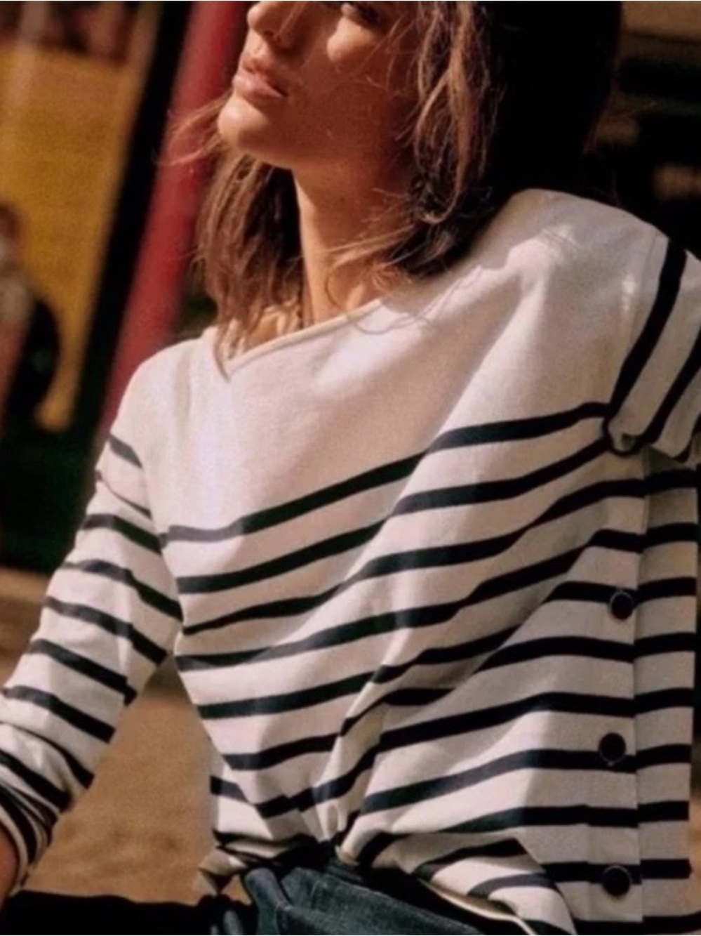 Sezane Noan Mariniere Top Women's Size XS Breton Stripe Boatneck Cream Dark Navy